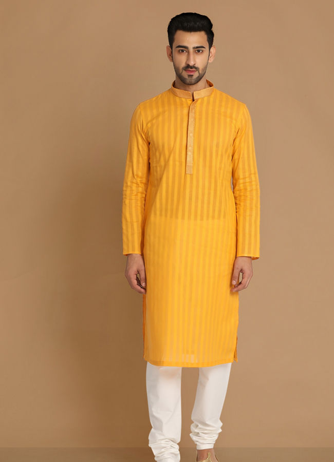 alt message - Manyavar Men Orange Striped Casual Kurta Set image number 1