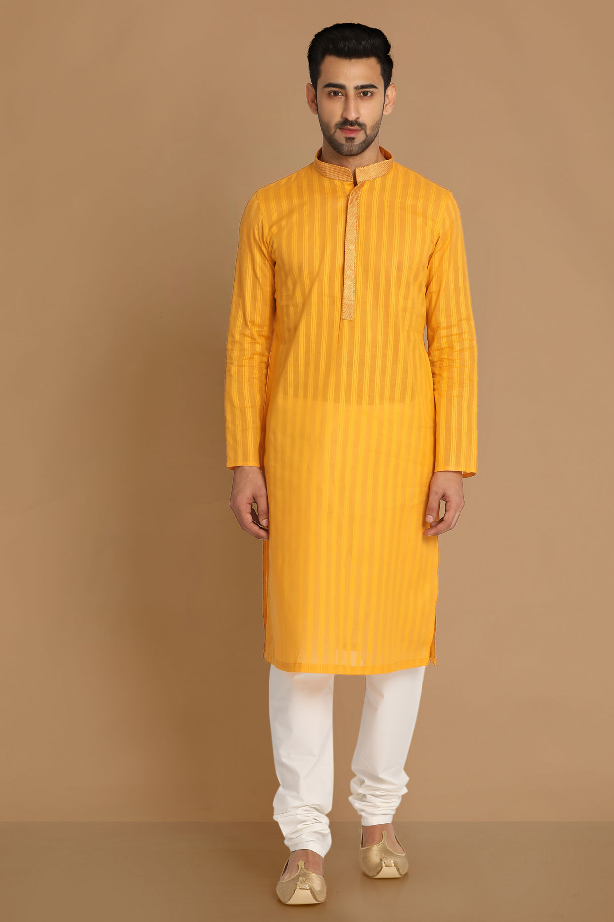 alt message - Manyavar Men Orange Striped Casual Kurta Set image number 1