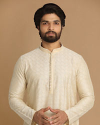 Manyavar Men Ivory Thread Embroidered Kurta Pajama