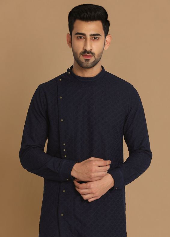 Manyavar Men Navy Blue Side Open Kurta Pajama