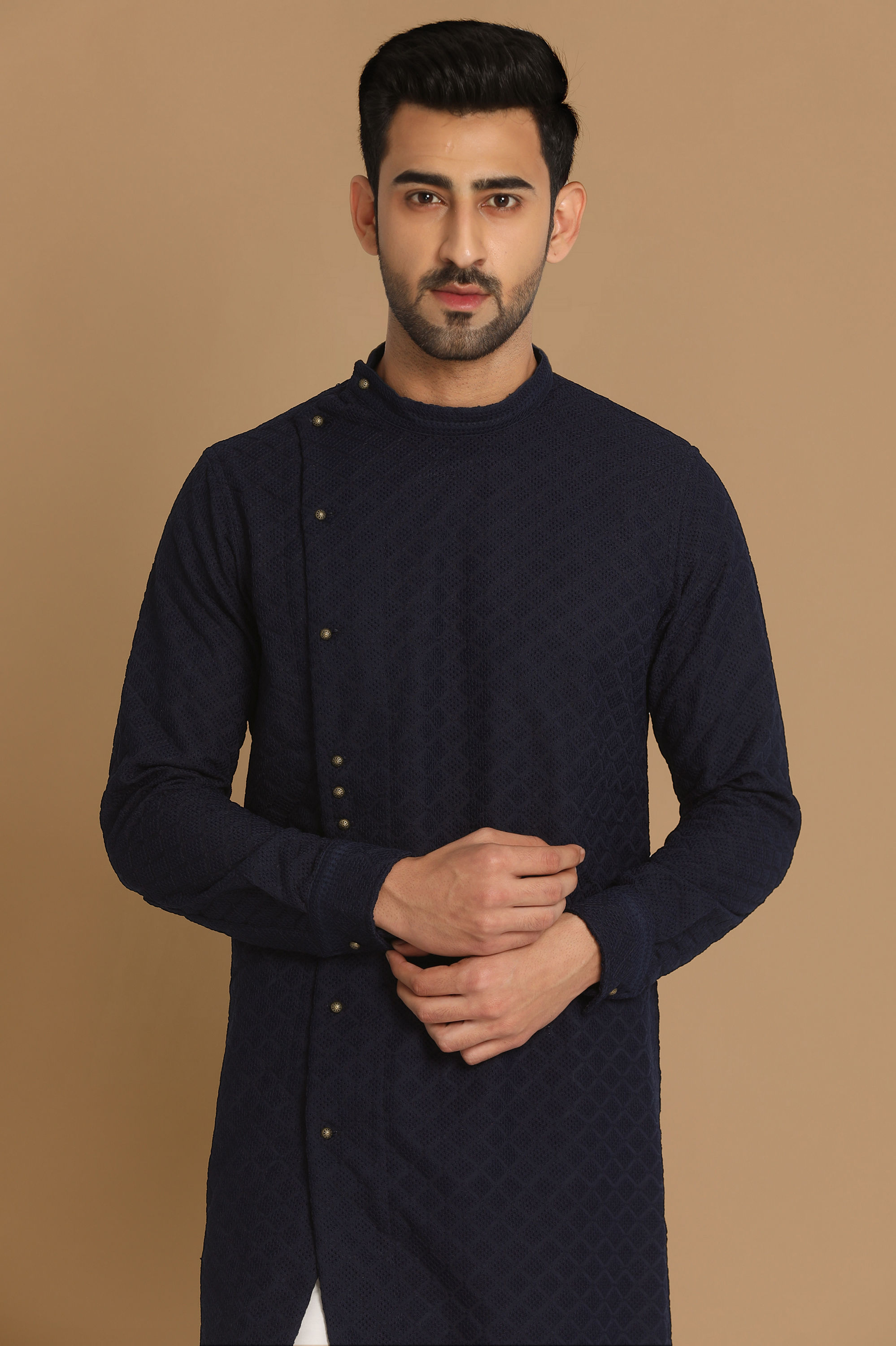 Manyavar Men Navy Blue Side Open Kurta Pajama