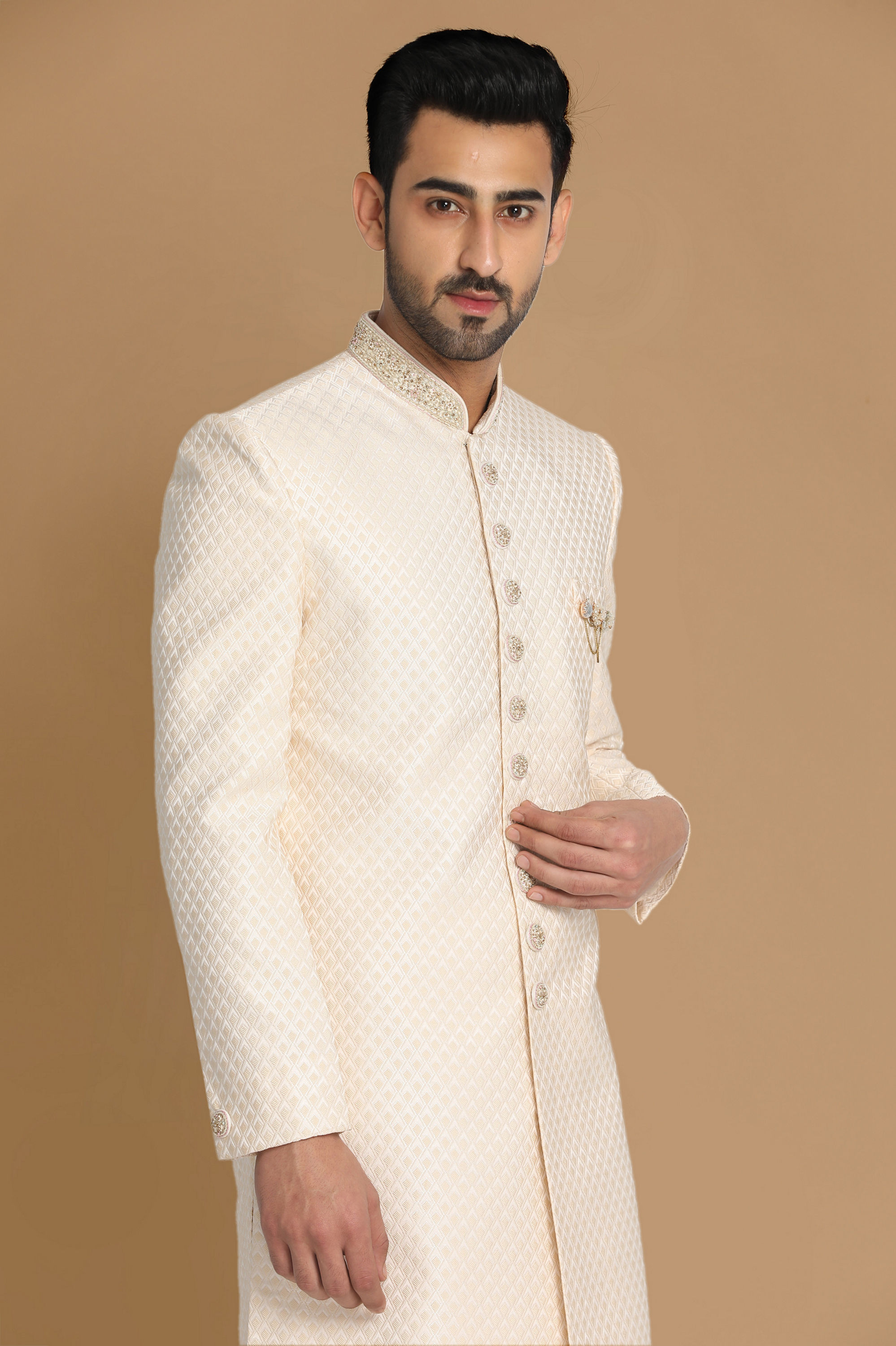 Manyavar Men Beige Brocade Sherwani Set