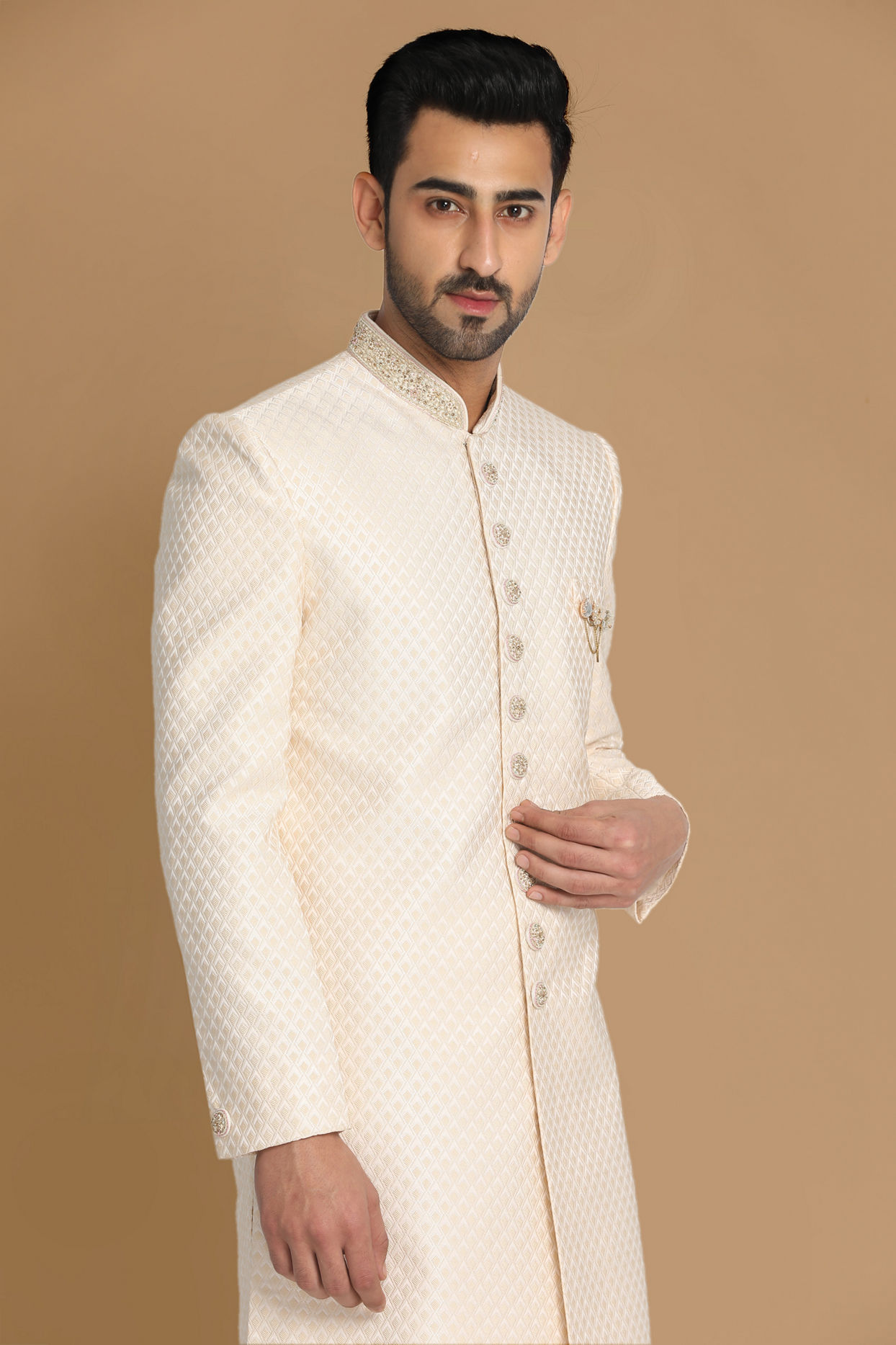 alt message - Manyavar Men Beige Brocade Sherwani Set image number 0