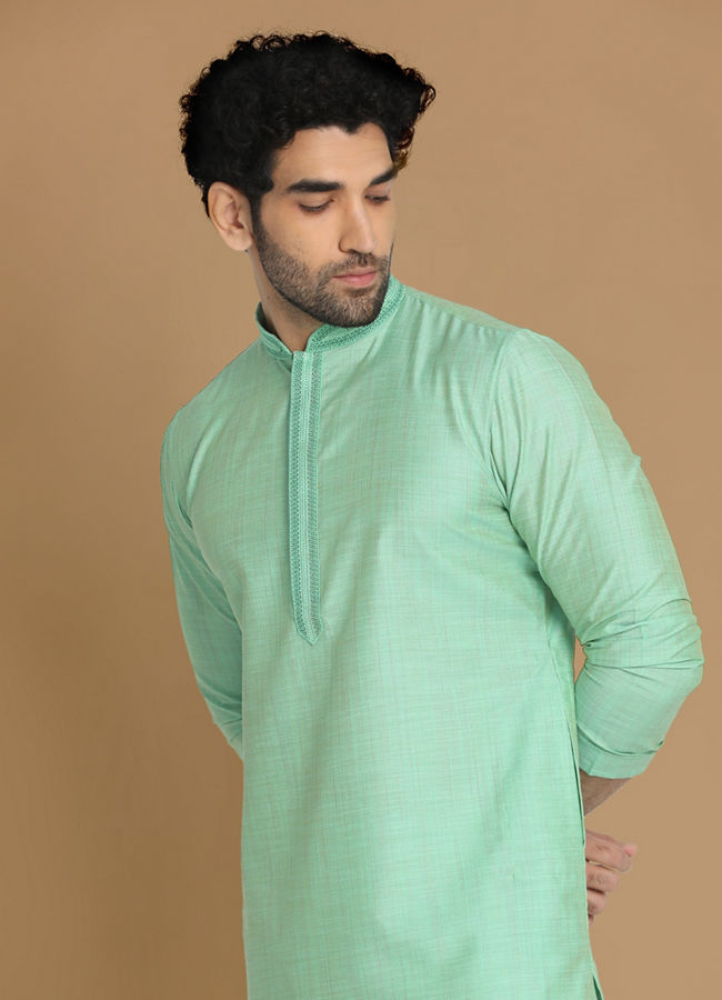 alt message - Manyavar Men Plush Light Green Kurta Pajama image number 0