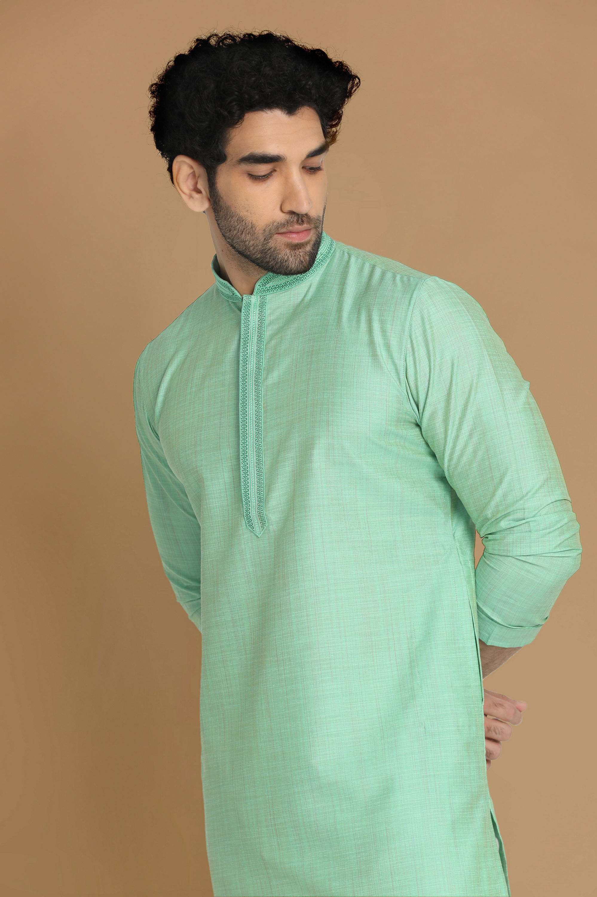 Manyavar Men Plush Light Green Kurta Pajama