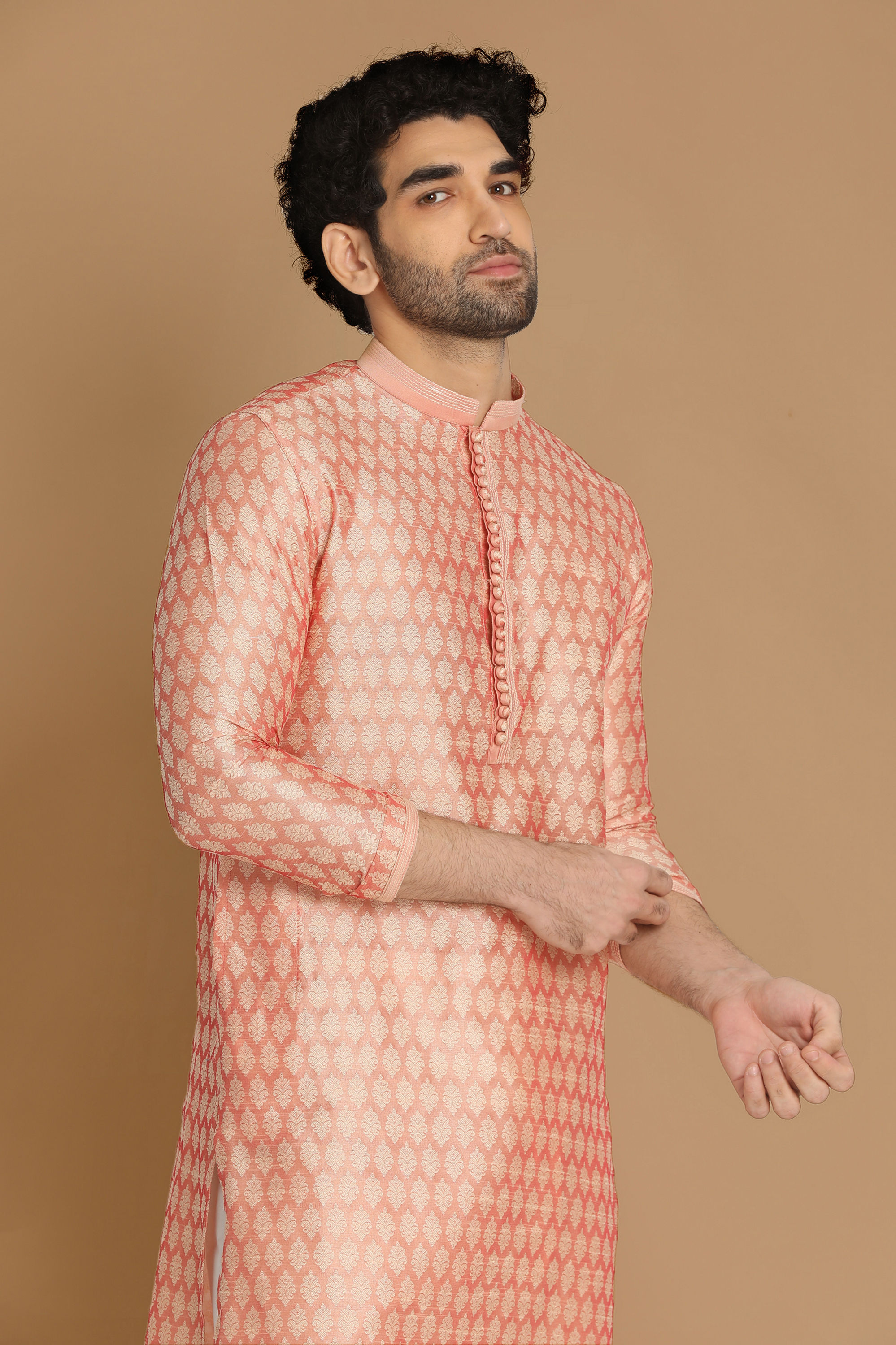 Manyavar Men Light Pink Self Design Kurta Pajama