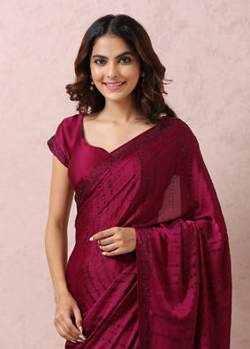 Mohey Women Wine Satin Saree With Stone Embellishment