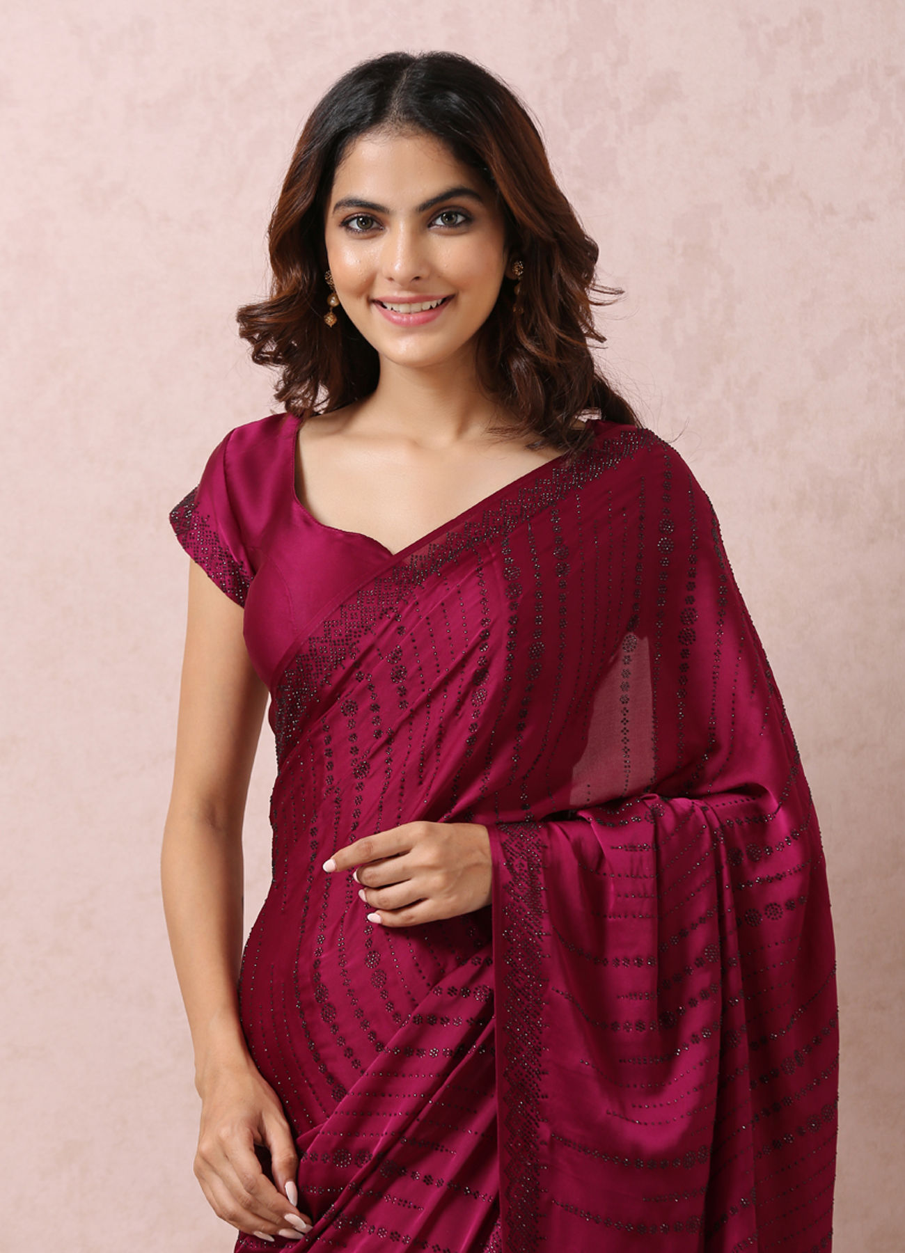 Mohey Women Wine Satin Saree With Stone Embellishment