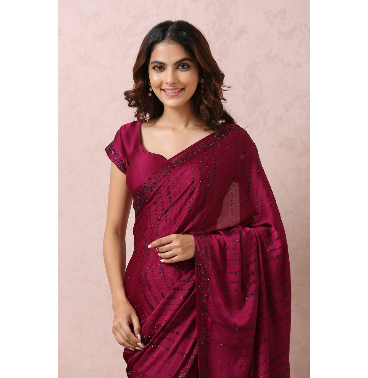 Saree for Female Buy Wine Satin Saree With Stone Embellishment Online