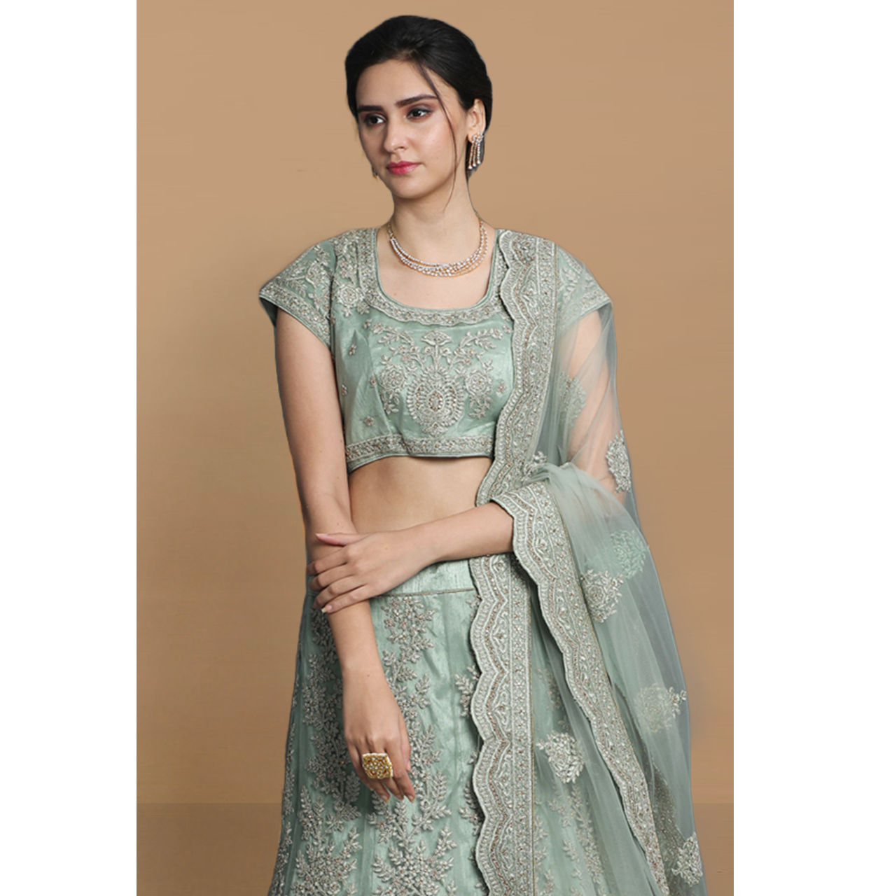 alt message - Mohey Women Pista Net Embroidered Lehenga image number 1