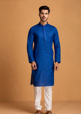 Manyavar Men Indigo Blue Self Chequered Kurta