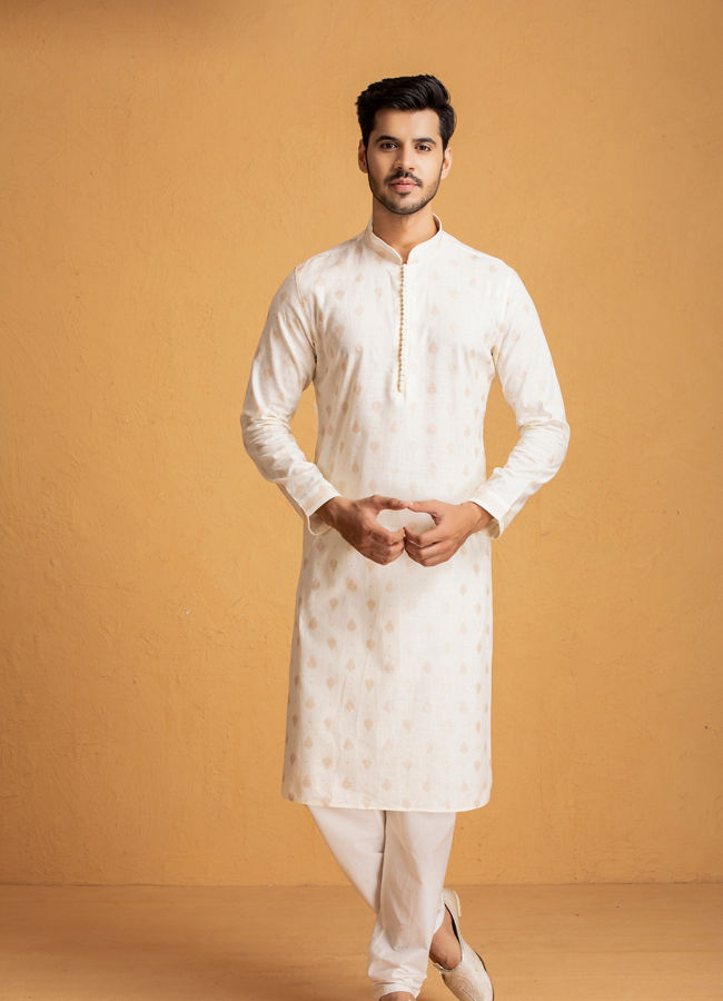 Manyavar Men Light Colored Self Design Kurta Set
