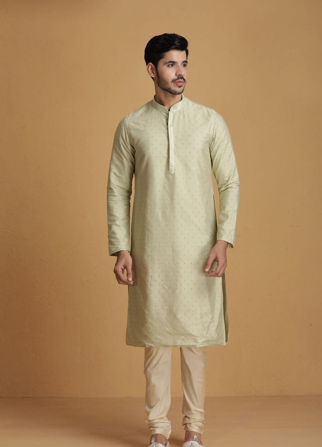 Manyavar Men Pastel Green Self Design Kurta Set