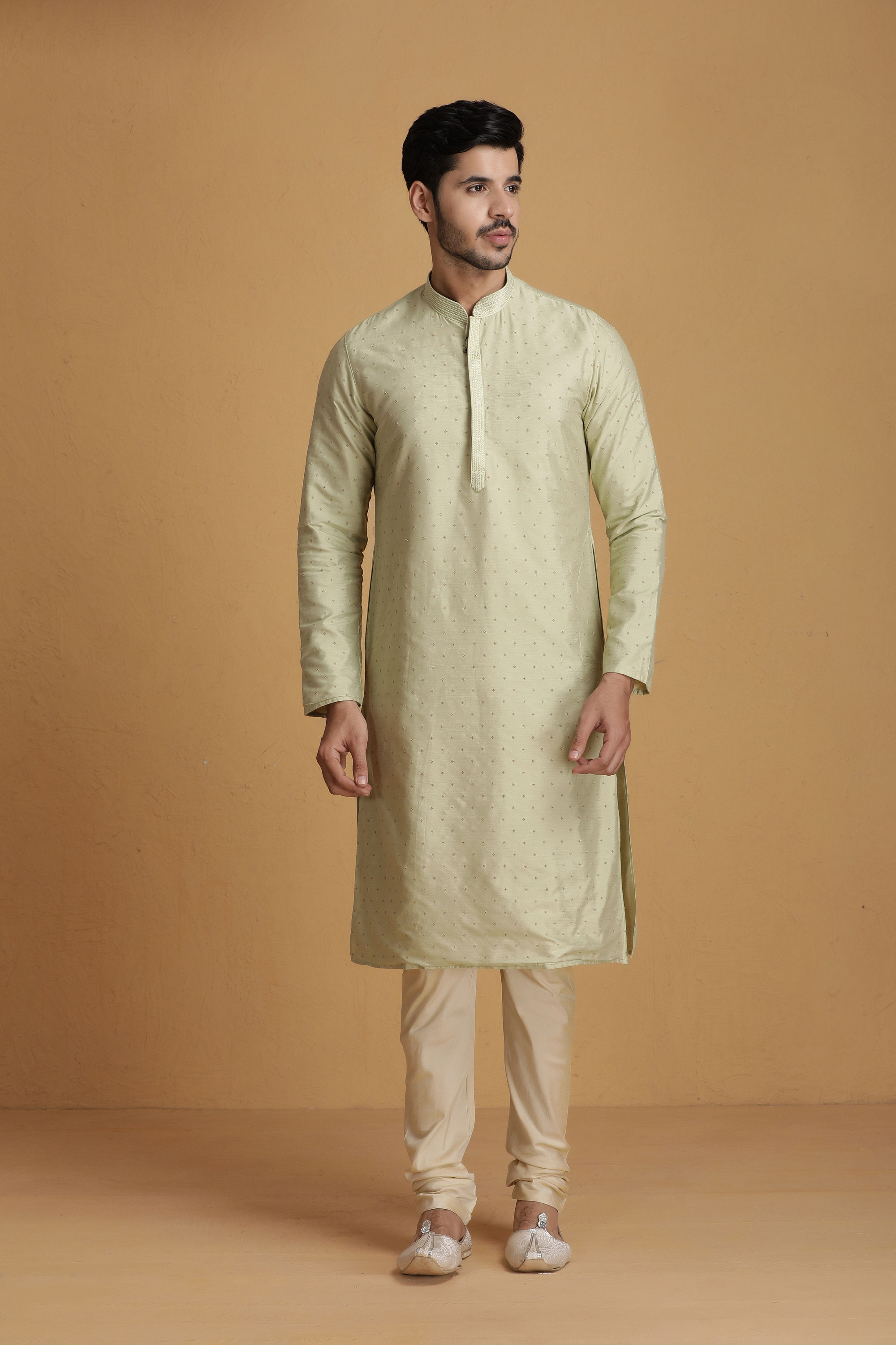 Manyavar Men Pastel Green Self Design Kurta Set