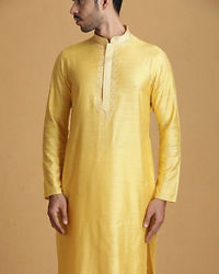 Manyavar Men Lemon Yellow Kurta Set With Collar And Placket Embroidery