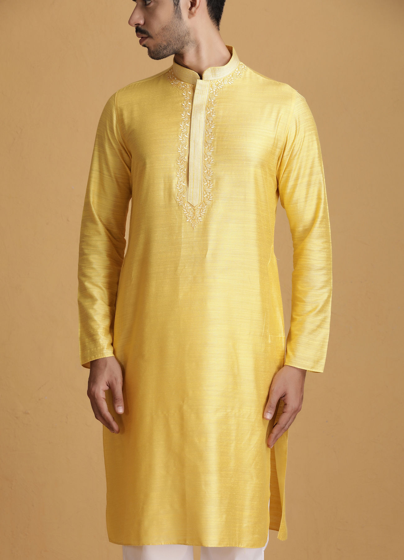 Manyavar Men Lemon Yellow Kurta Set With Collar And Placket Embroidery