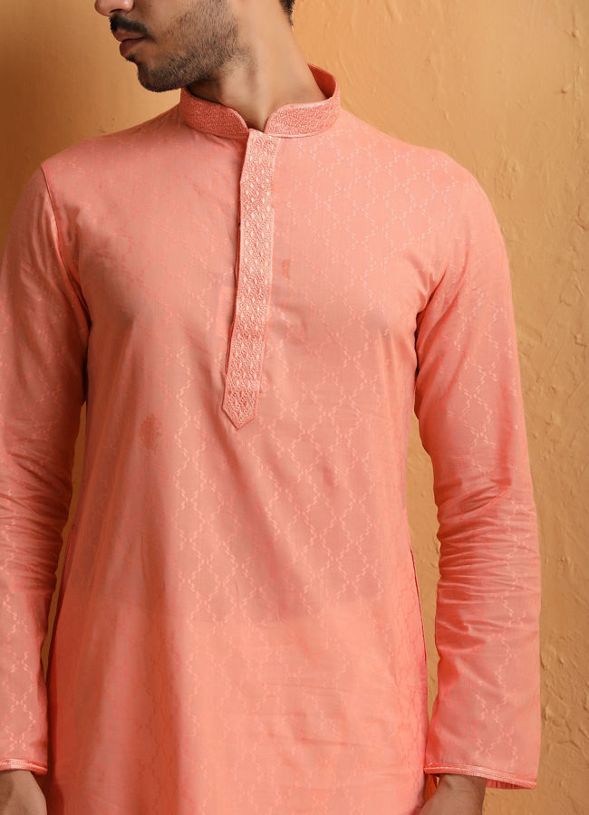 alt message - Manyavar Men Rose Pink Self Motif Kurta Set image number 0