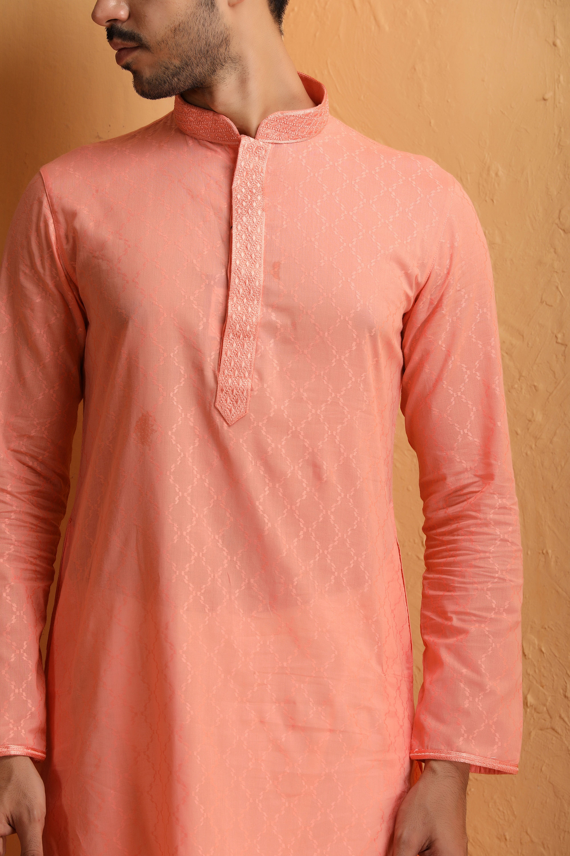 Manyavar Men Rose Pink Self Motif Kurta Set