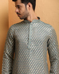 Manyavar Men Steel Blue Jacquard Kurta Set