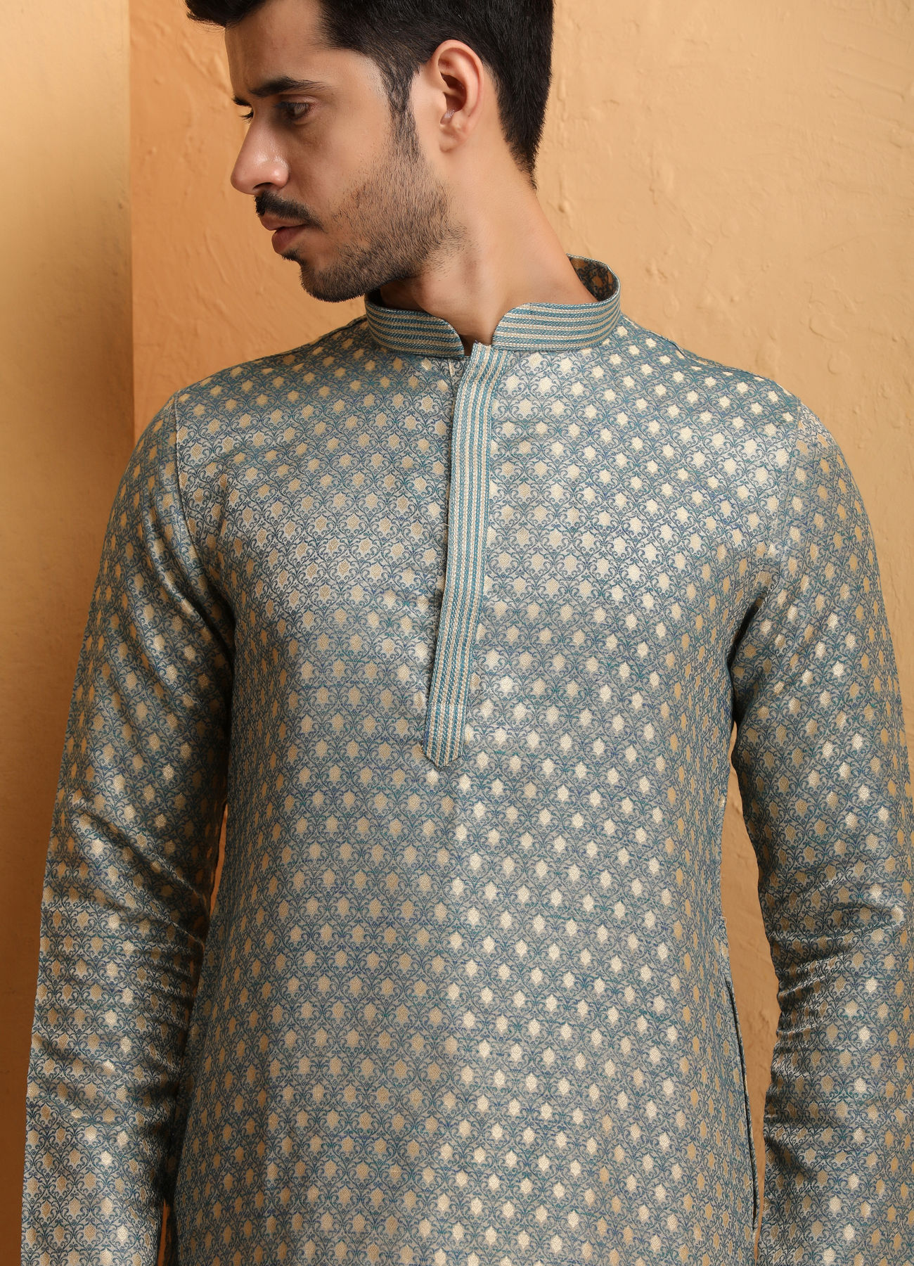 Manyavar Men Steel Blue Jacquard Kurta Set