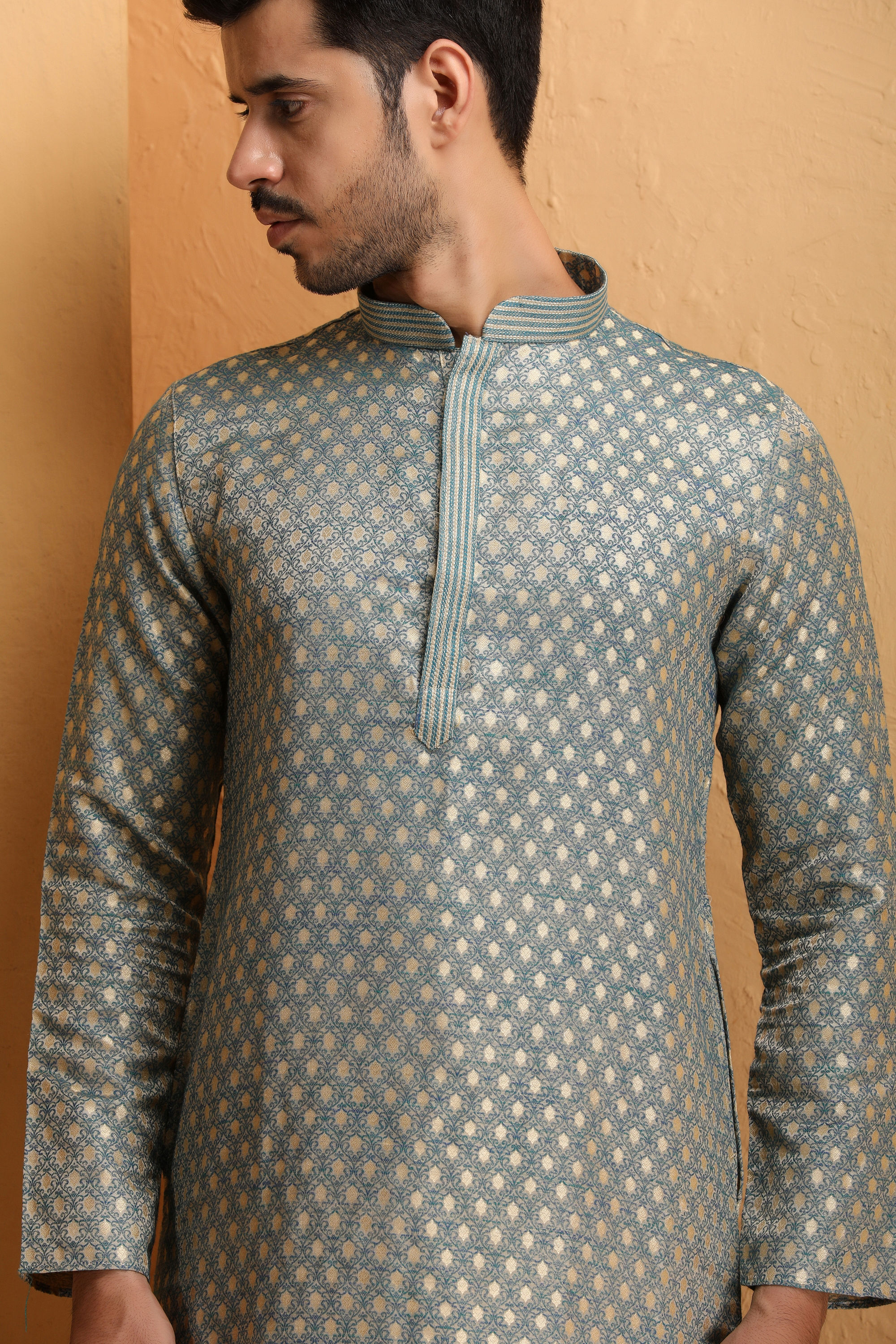 Manyavar Men Steel Blue Jacquard Kurta Set