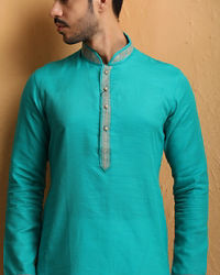 Manyavar Men Sapphire Green Self Design Kurta Set