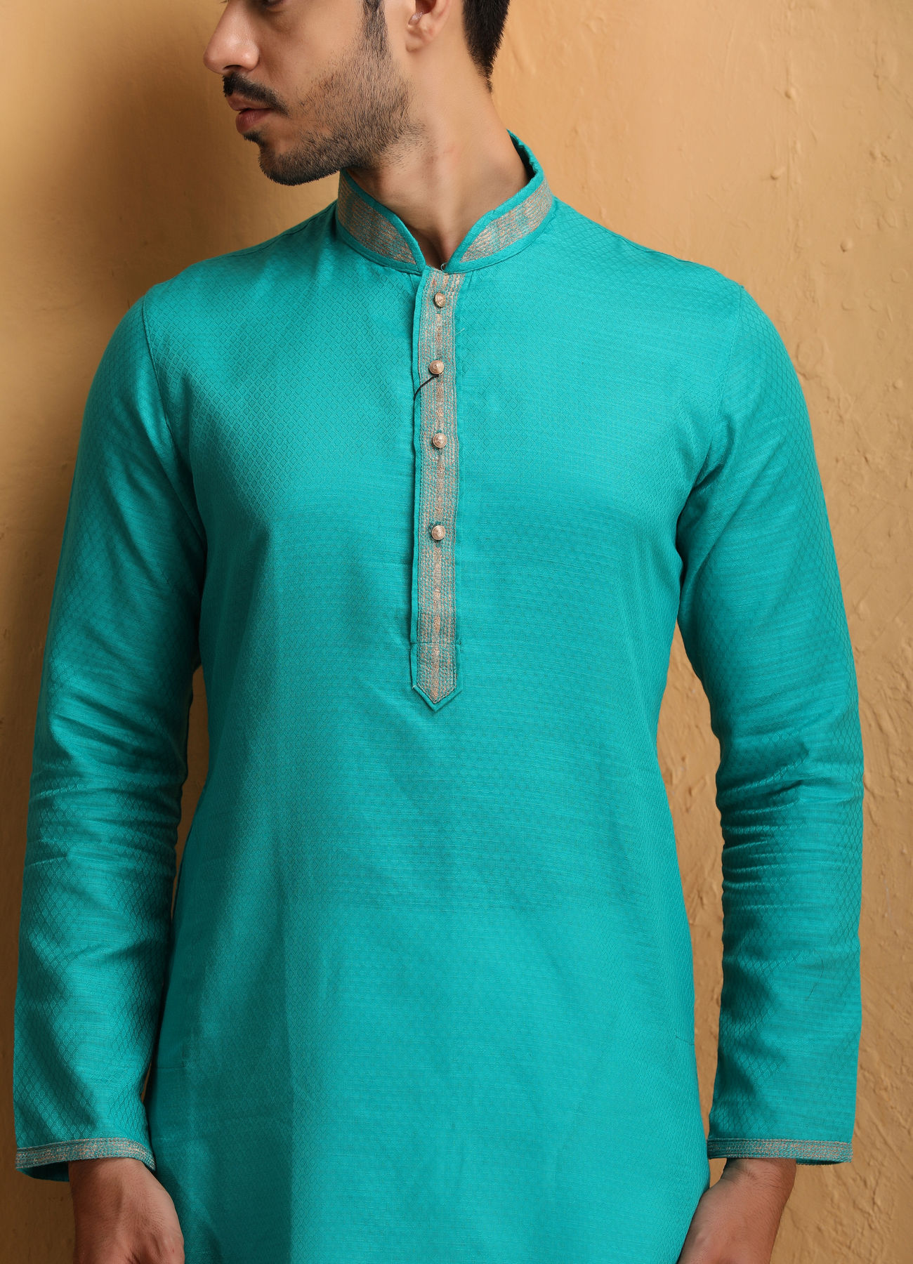 Manyavar Men Sapphire Green Self Design Kurta Set