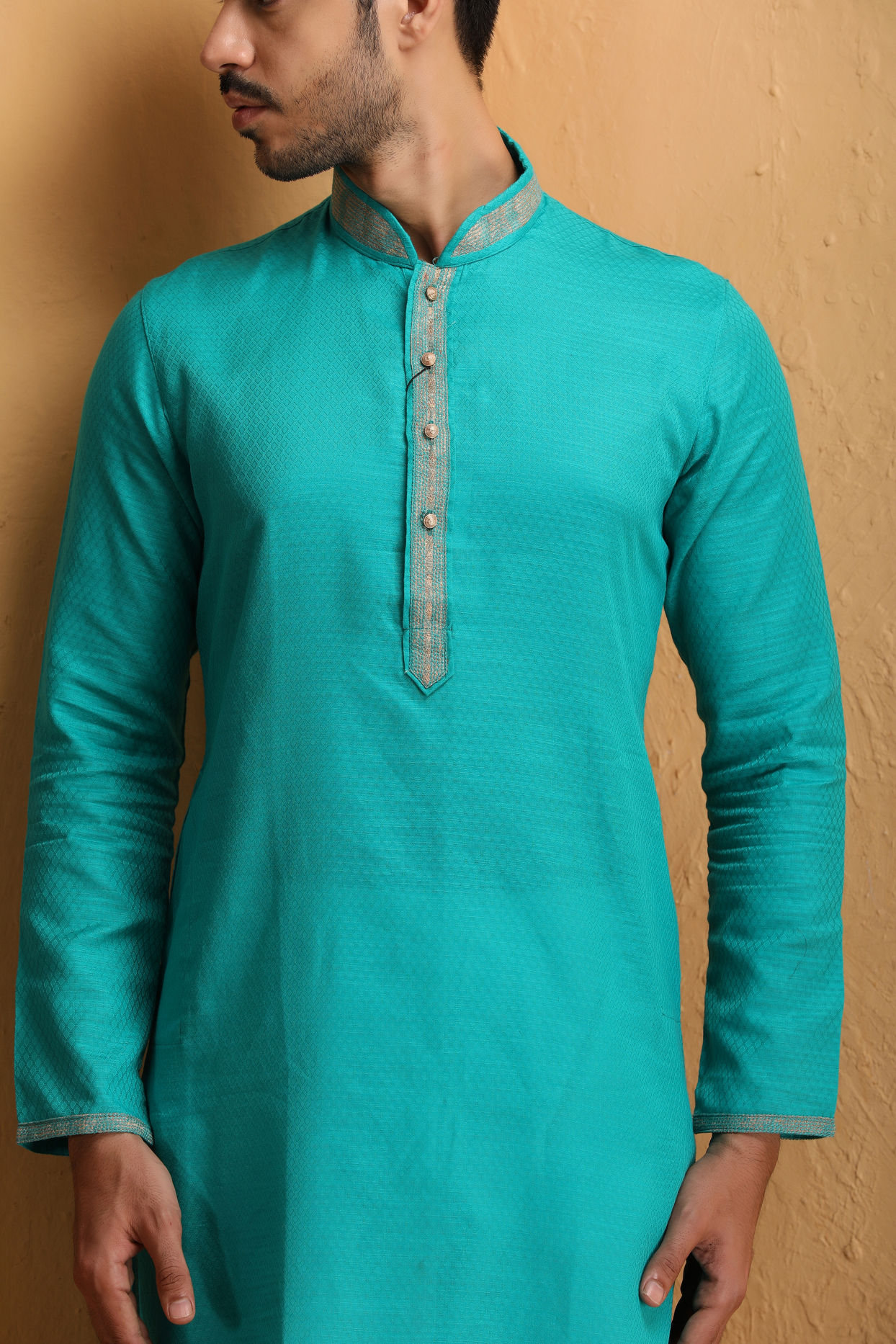 Manyavar Men Sapphire Green Self Design Kurta Set