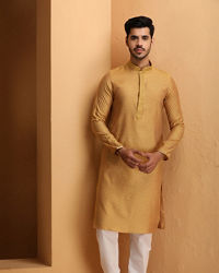 Manyavar Men Mustard Self Design Kurta Set
