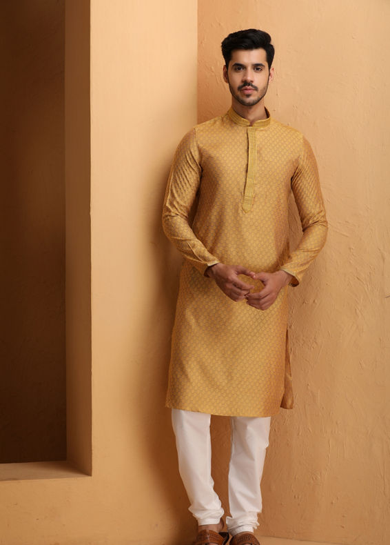 Manyavar Men Mustard Self Design Kurta Set