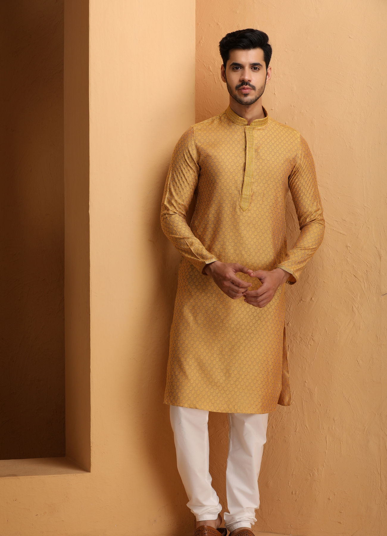 Manyavar Men Mustard Self Design Kurta Set