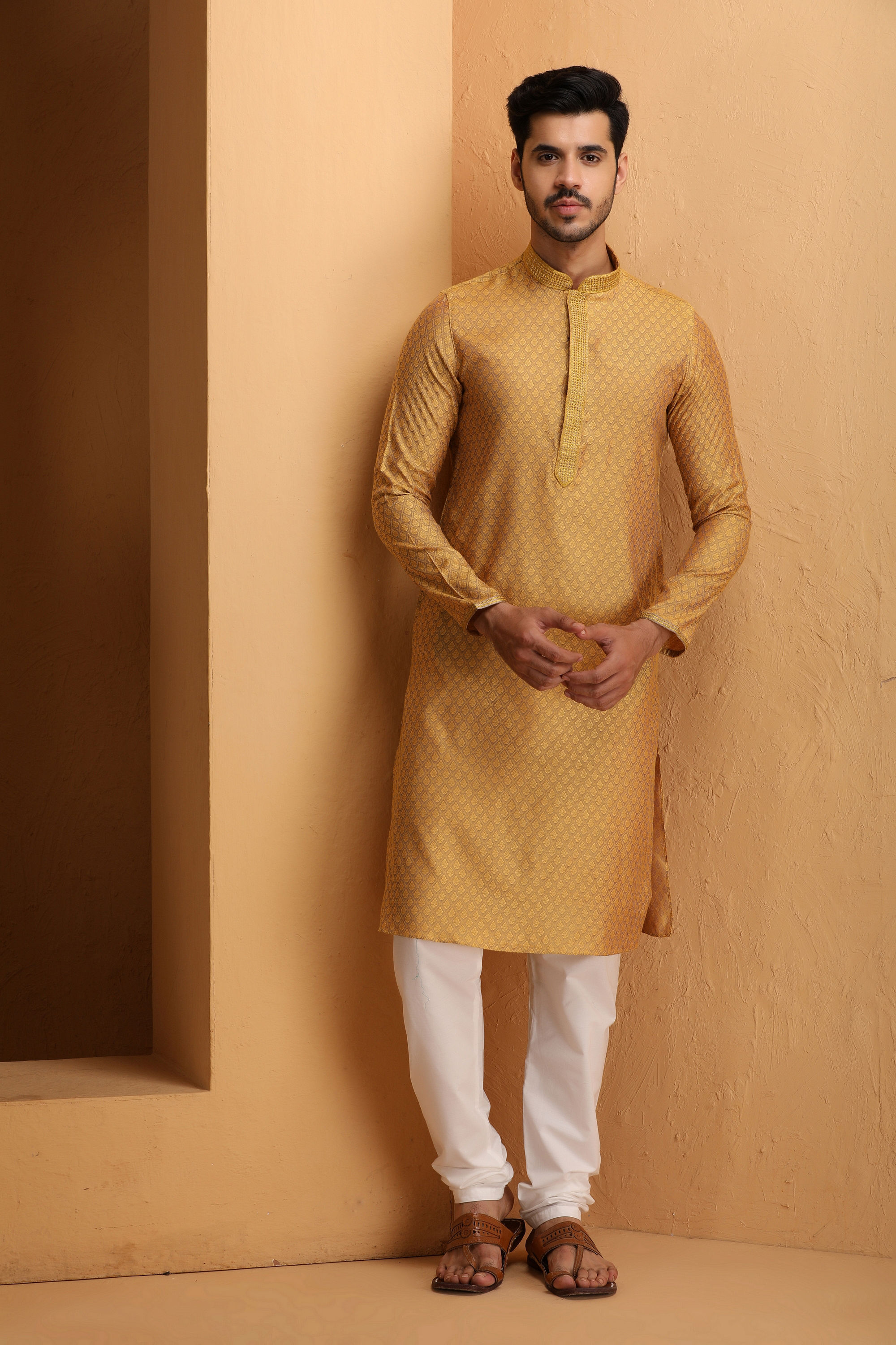 Manyavar Men Mustard Self Design Kurta Set