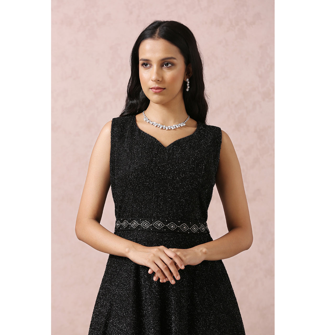 alt message - Mohey Women Black Stardust Gown With Belt image number 1