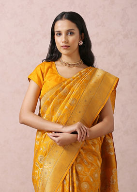 Mustard Yellow Saree With Gold Border image number 1