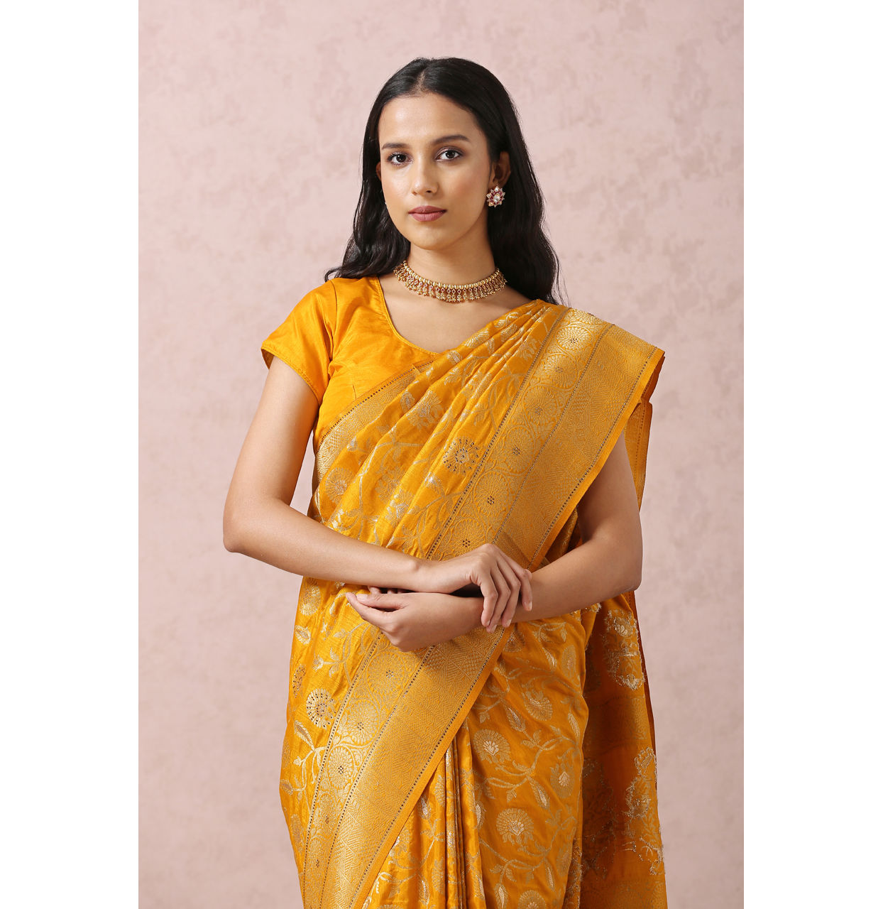 Mustard Yellow Saree With Gold Border image number 1