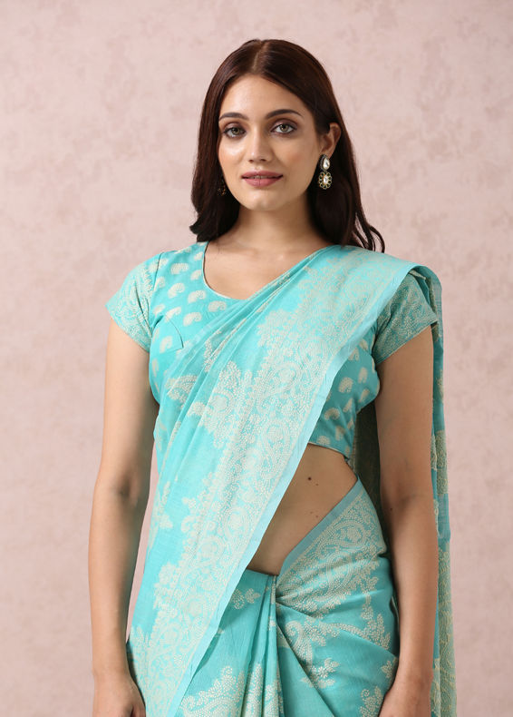 Mohey Women Teal Blue Printed Saree