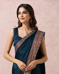 Mohey Women Teal Blue Saree With Multicoloured Border