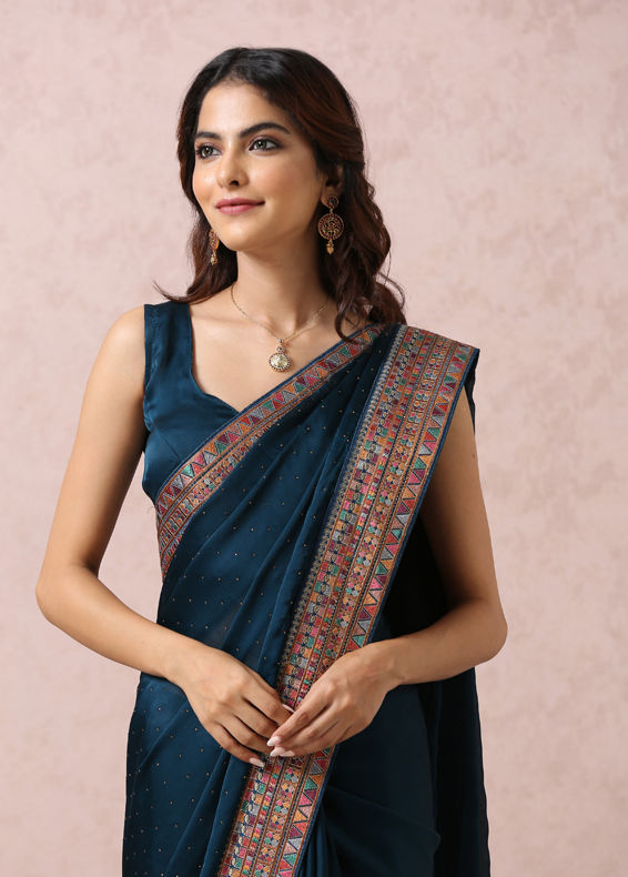 Mohey Women Teal Blue Saree With Multicoloured Border