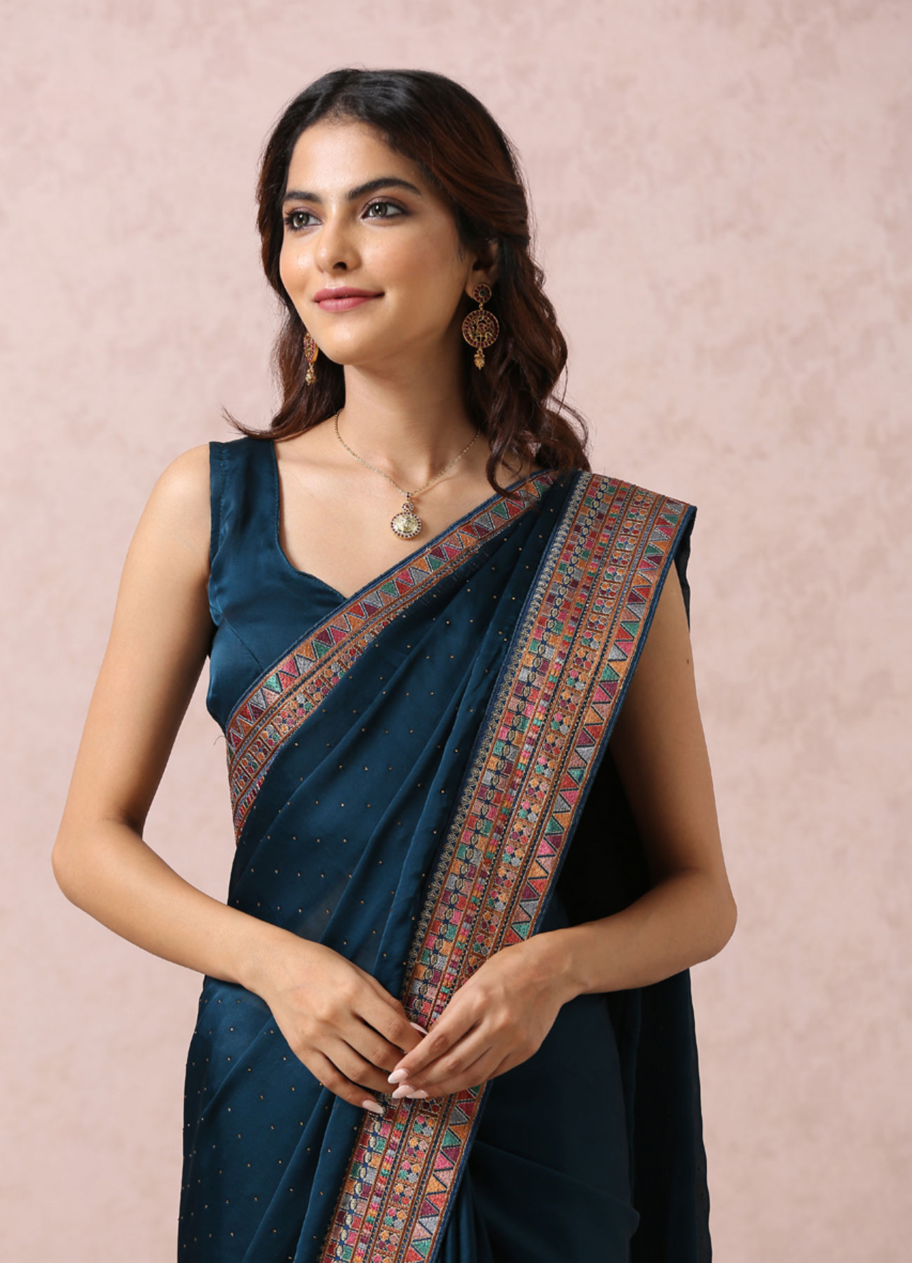 Mohey Women Teal Blue Saree With Multicoloured Border