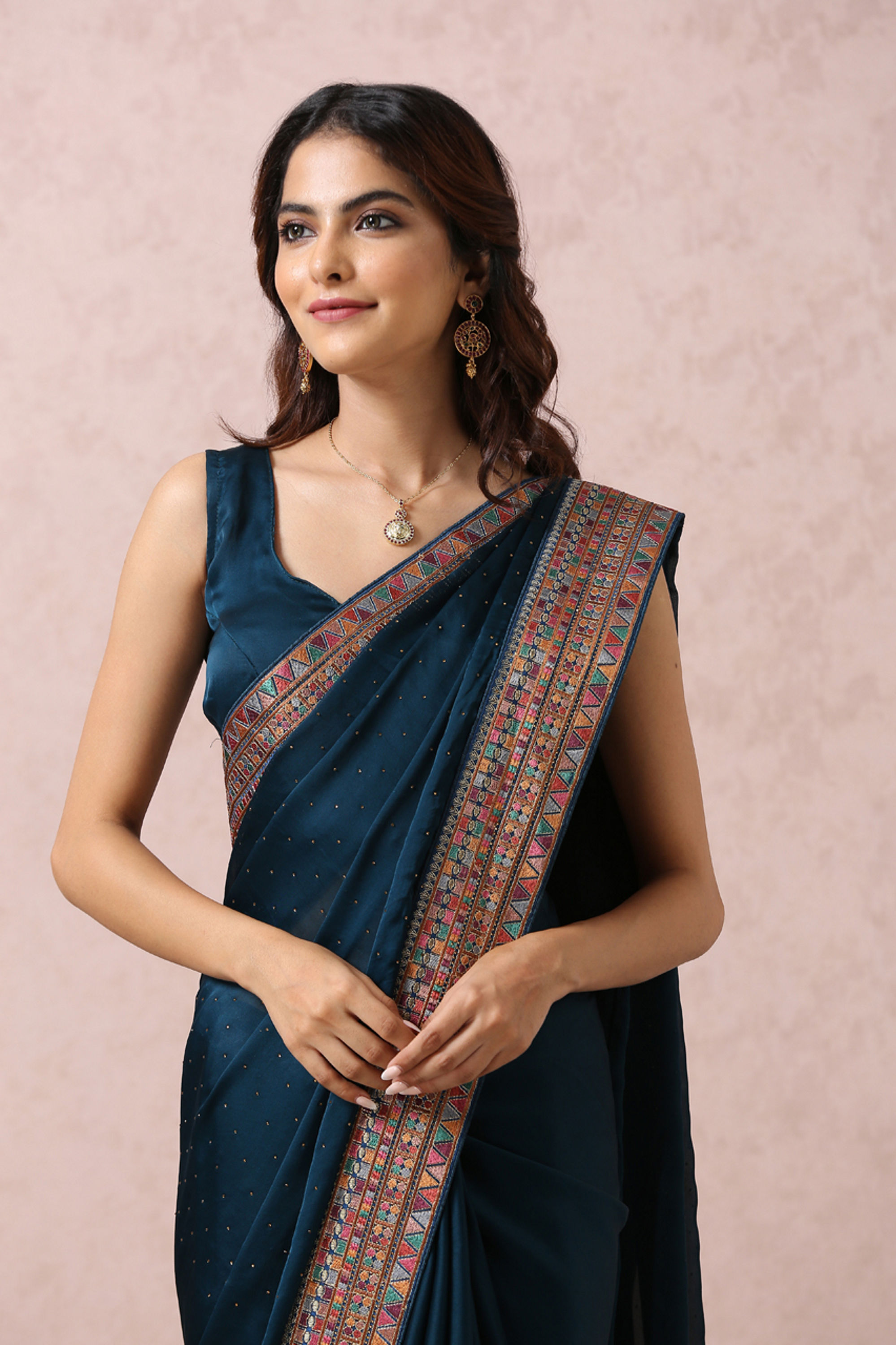 Mohey Women Teal Blue Saree With Multicoloured Border