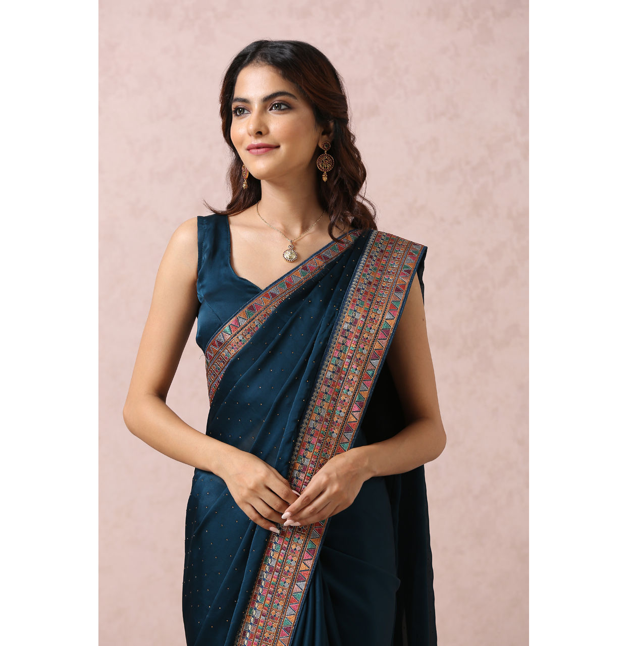 Teal Blue Saree With Multicoloured Border image number 1