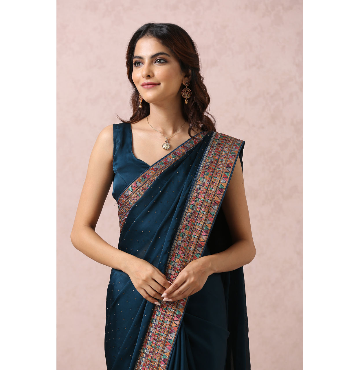 Mohey Women Teal Blue Saree With Multicoloured Border