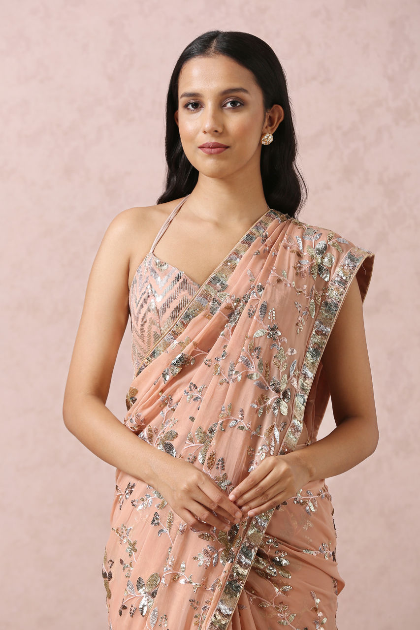 Mohey Women Peach Sequins Embroidered Saree