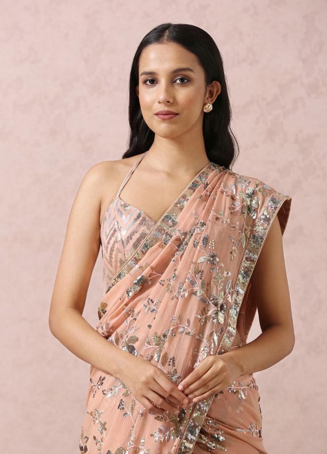Mohey Women Peach Sequins Embroidered Saree