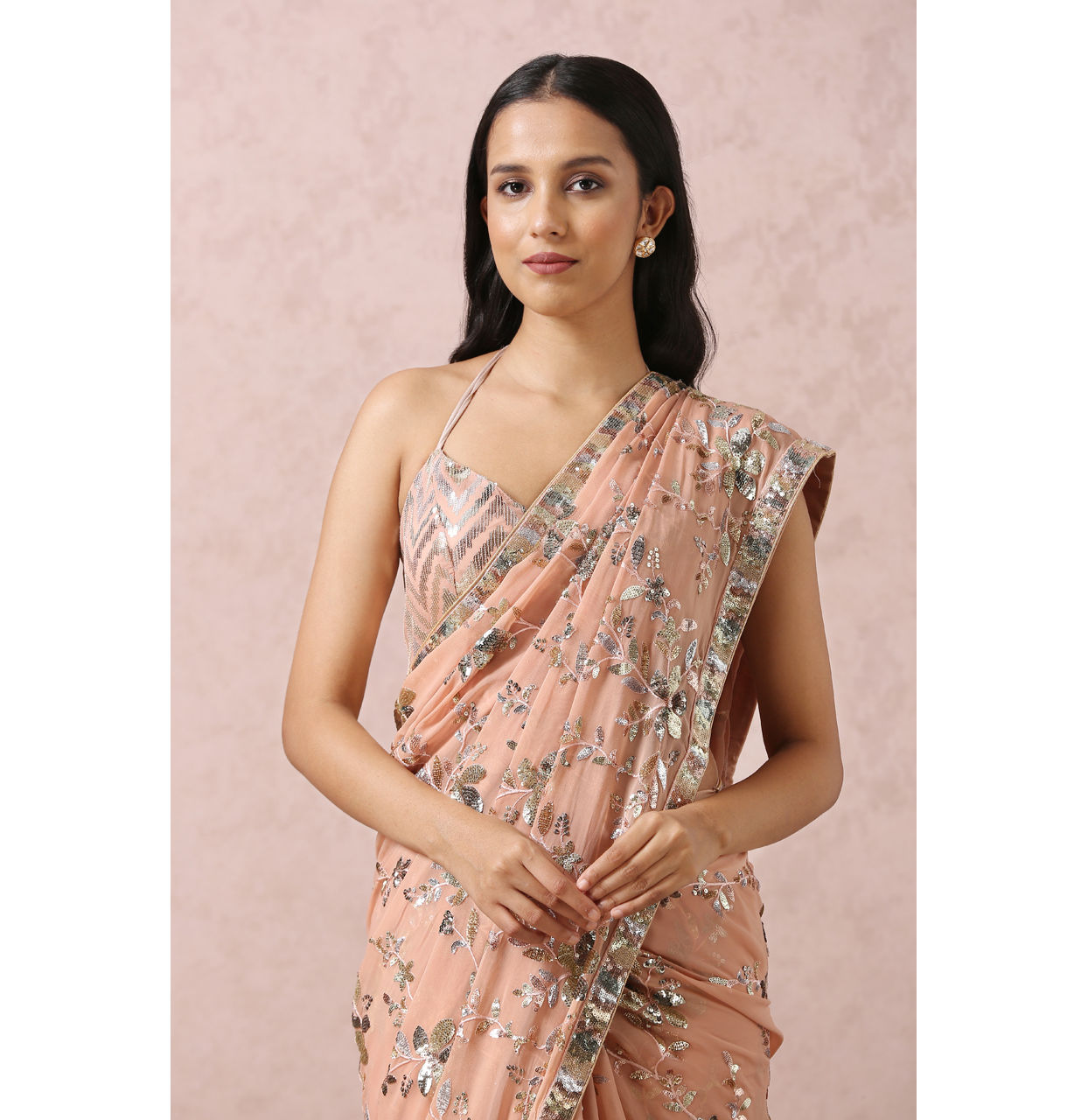 Mohey Women Peach Sequins Embroidered Saree