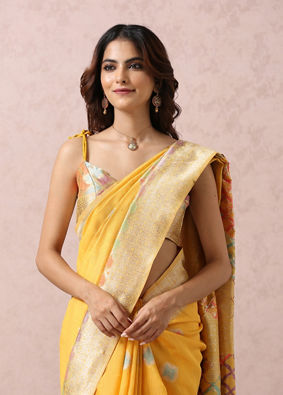 alt message - Mohey Women Yellow Art Silk Saree With Multicoloured Self-Design image number 1