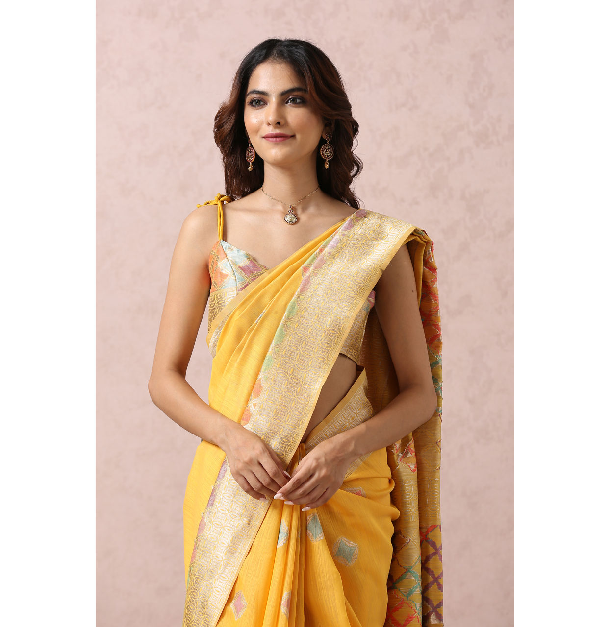 Mohey Women Yellow Saree With Multicoloured Self Design
