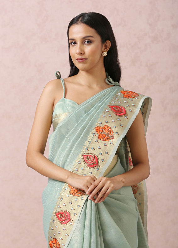 Mohey Women Light Blue Floral Chanderi Saree