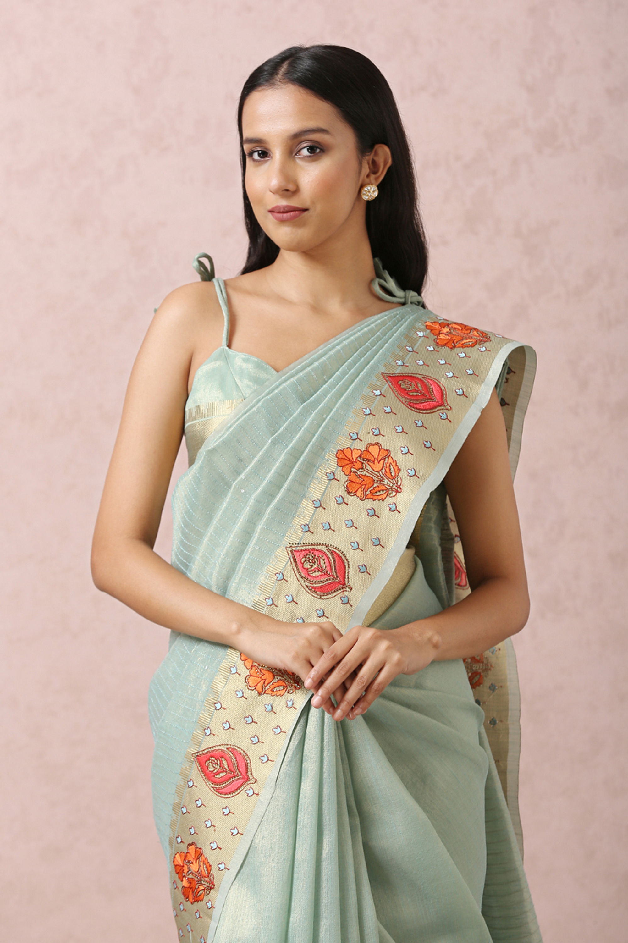 Mohey Women Light Blue Floral Chanderi Saree
