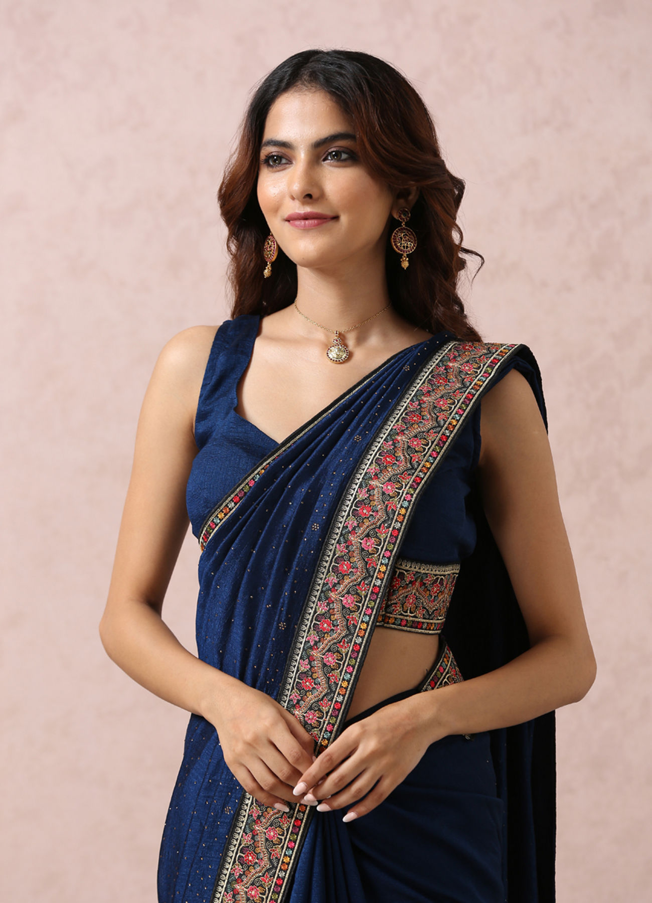 Mohey Women Indigo Blue Art Silk Saree With Multicoloured Border